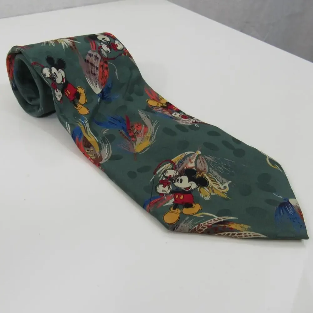 The Disney Store 100 Silk Mickey Mouse Tie Fly Fishing Graphic on Green Teal